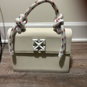 Off-White Cream Leather Satchel with Rope Handle Accents